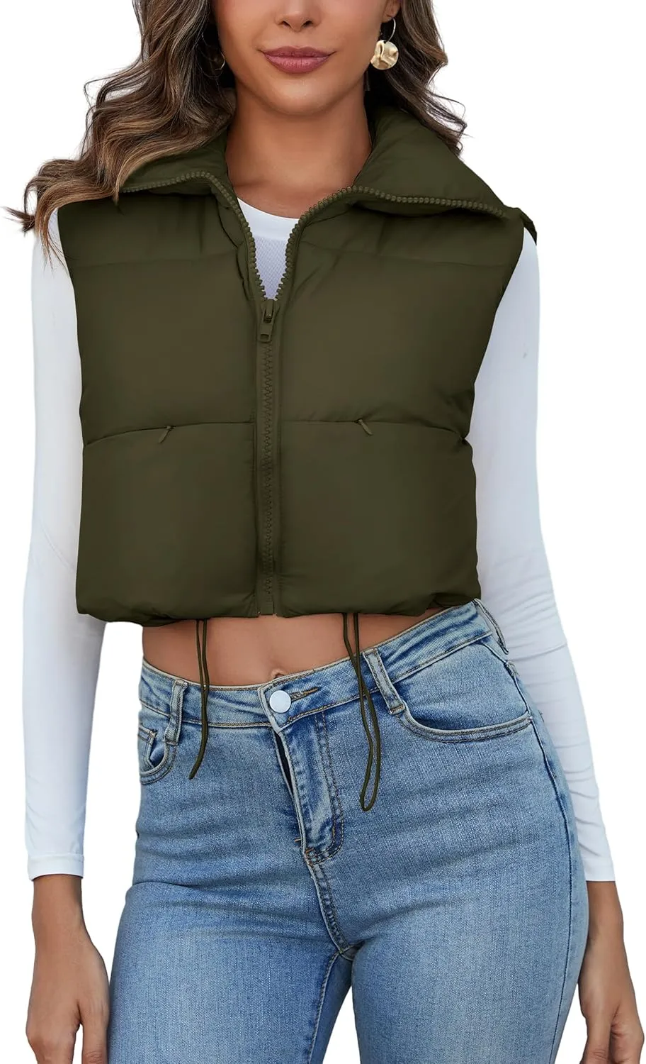 Flygo Women's Cropped Puffer Vest Zip Up Stand Collar Sleeveless Padded Bubble Vest