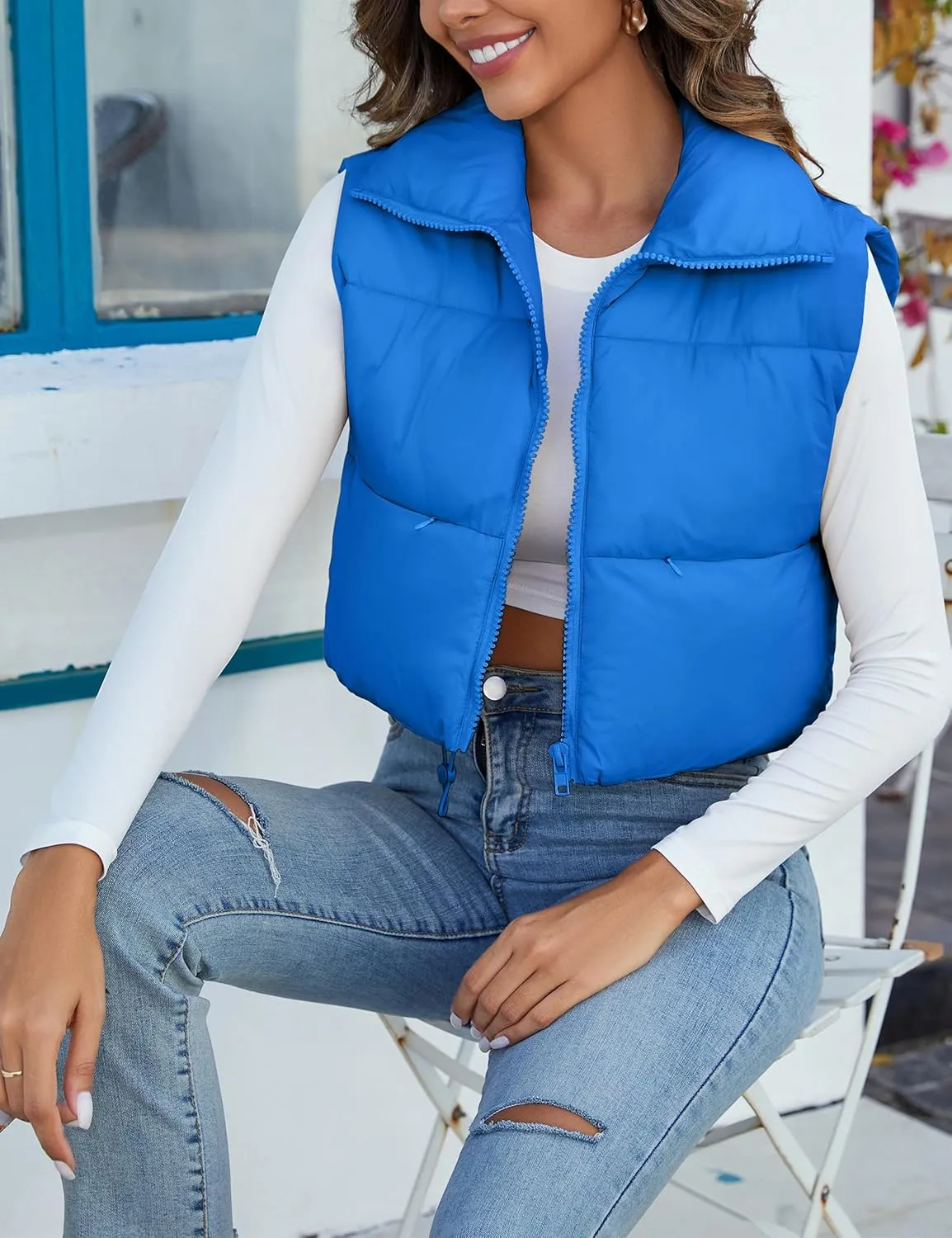 Flygo Women's Cropped Puffer Vest Zip Up Stand Collar Sleeveless Padded Bubble Vest