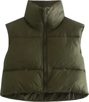 Flygo Women's Cropped Puffer Vest Zip Up Stand Collar Sleeveless Padded Bubble Vest
