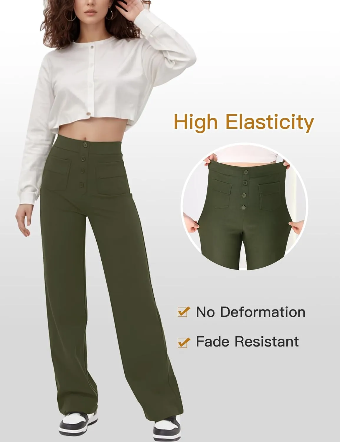 Flygo Womens High Waisted Multiple Pockets Straight Leg Flexipants Stretchy Work Trousers Button Down Casual Pants