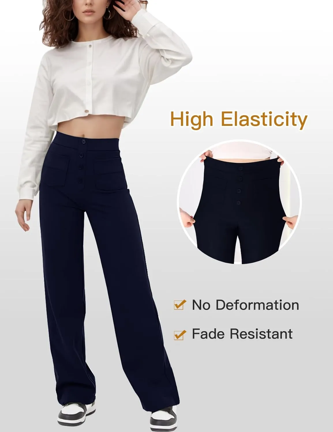 Flygo Womens High Waisted Multiple Pockets Straight Leg Flexipants Stretchy Work Trousers Button Down Casual Pants