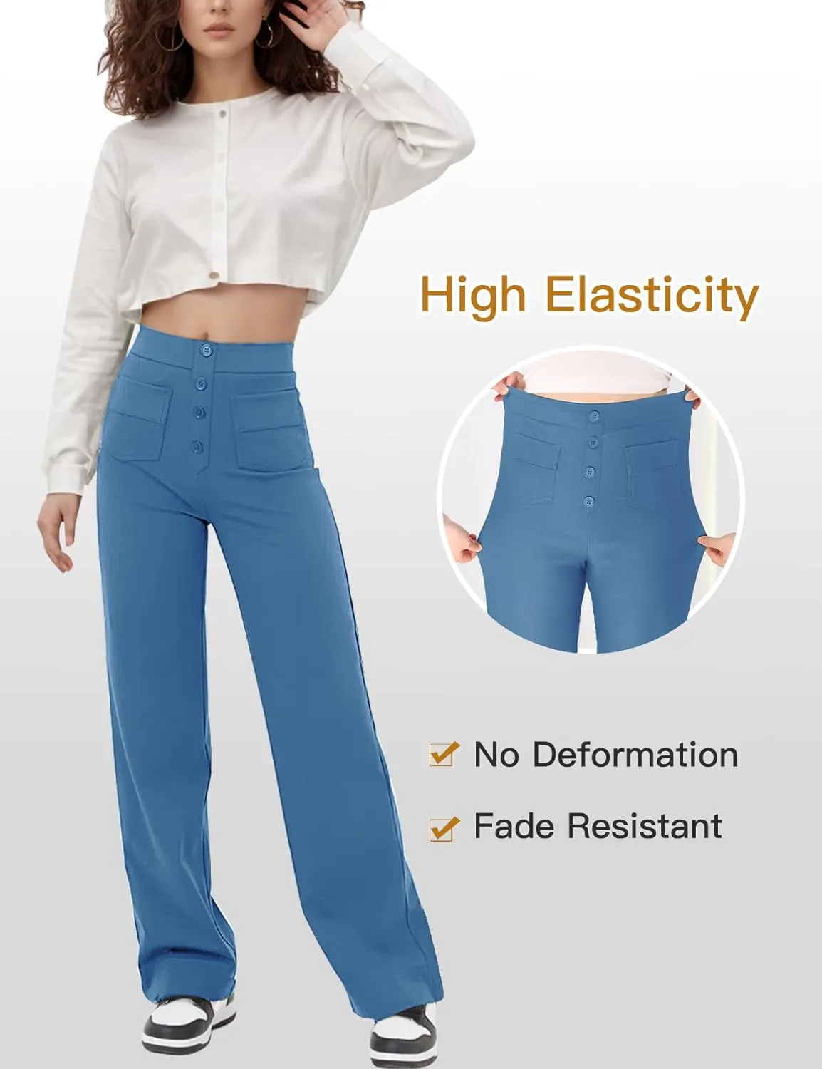 Flygo Womens High Waisted Multiple Pockets Straight Leg Flexipants Stretchy Work Trousers Button Down Casual Pants