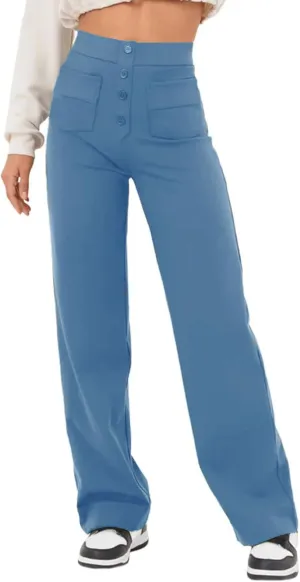 Flygo Womens High Waisted Multiple Pockets Straight Leg Flexipants Stretchy Work Trousers Button Down Casual Pants