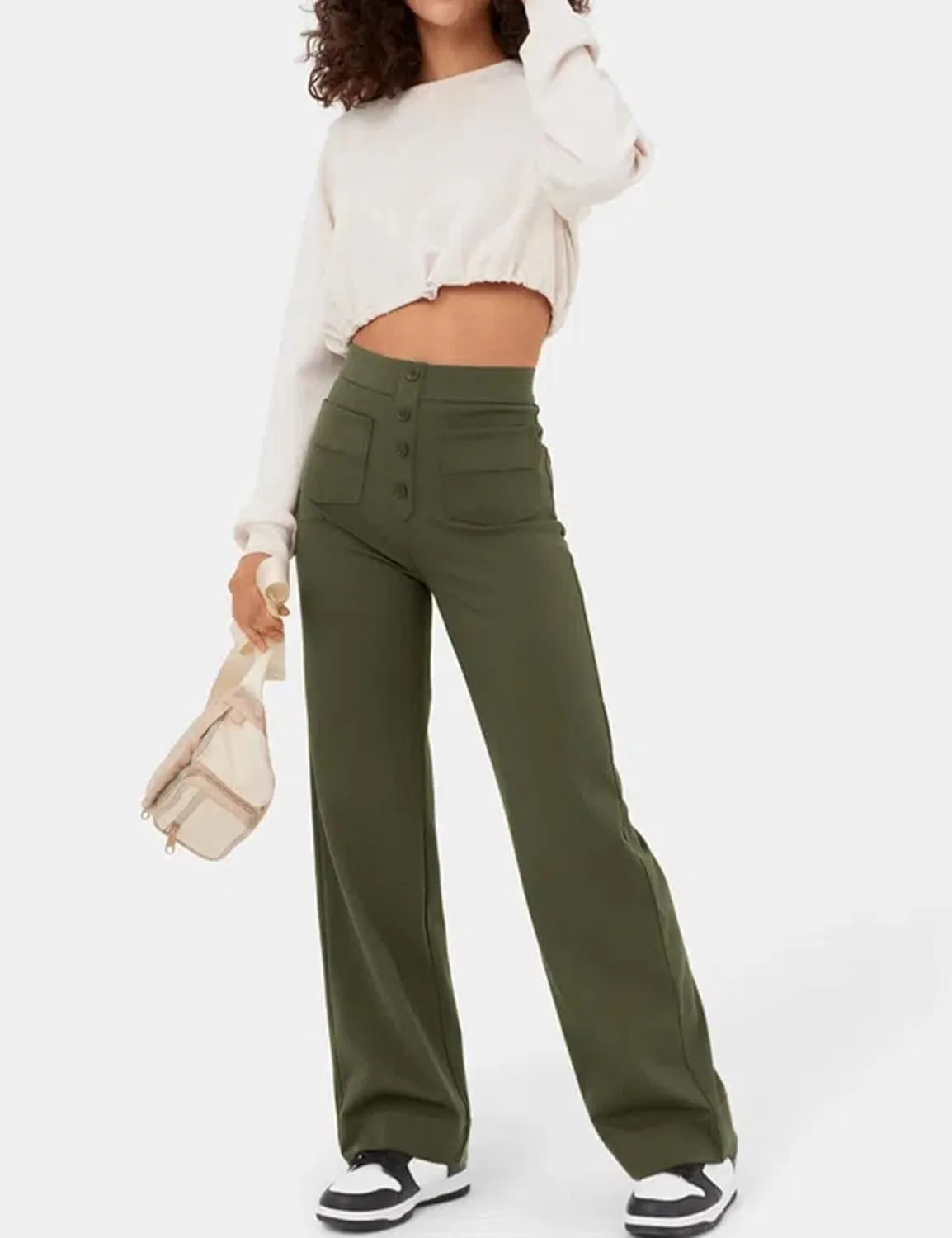 Flygo Womens High Waisted Multiple Pockets Straight Leg Flexipants Stretchy Work Trousers Button Down Casual Pants