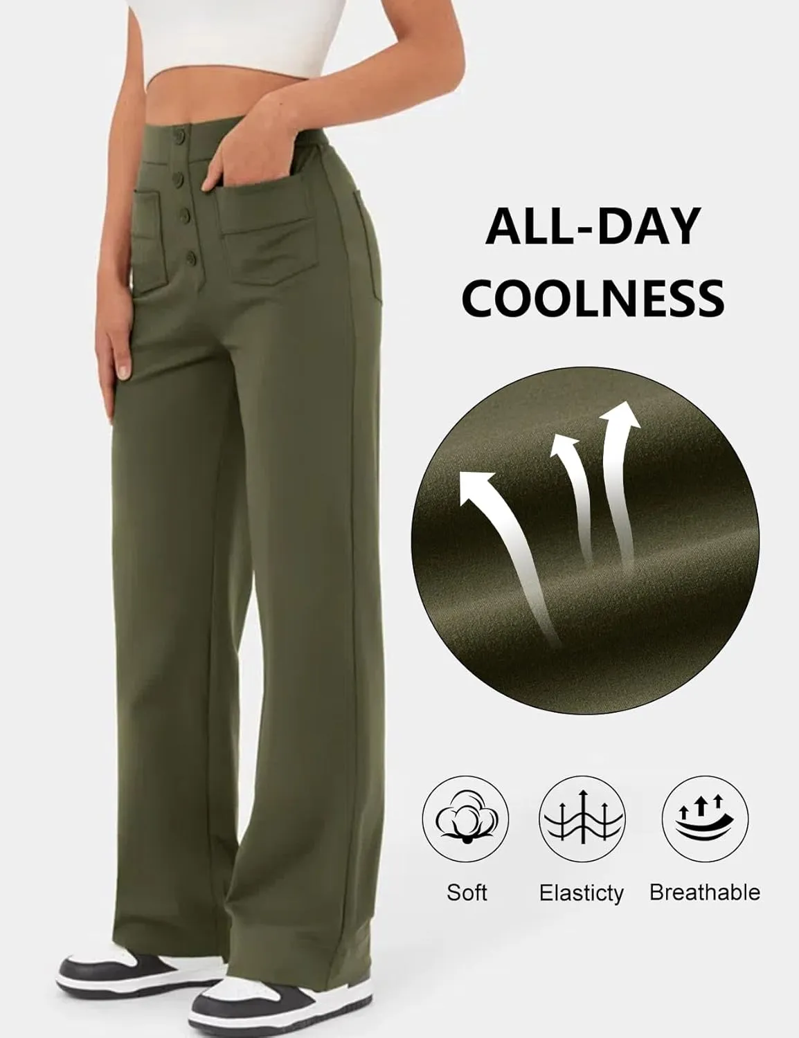 Flygo Womens High Waisted Multiple Pockets Straight Leg Flexipants Stretchy Work Trousers Button Down Casual Pants