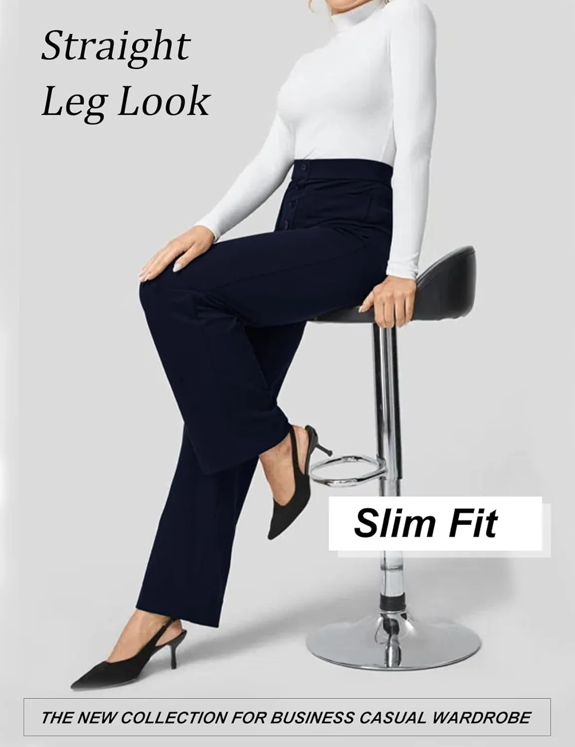 Flygo Womens High Waisted Multiple Pockets Straight Leg Flexipants Stretchy Work Trousers Button Down Casual Pants