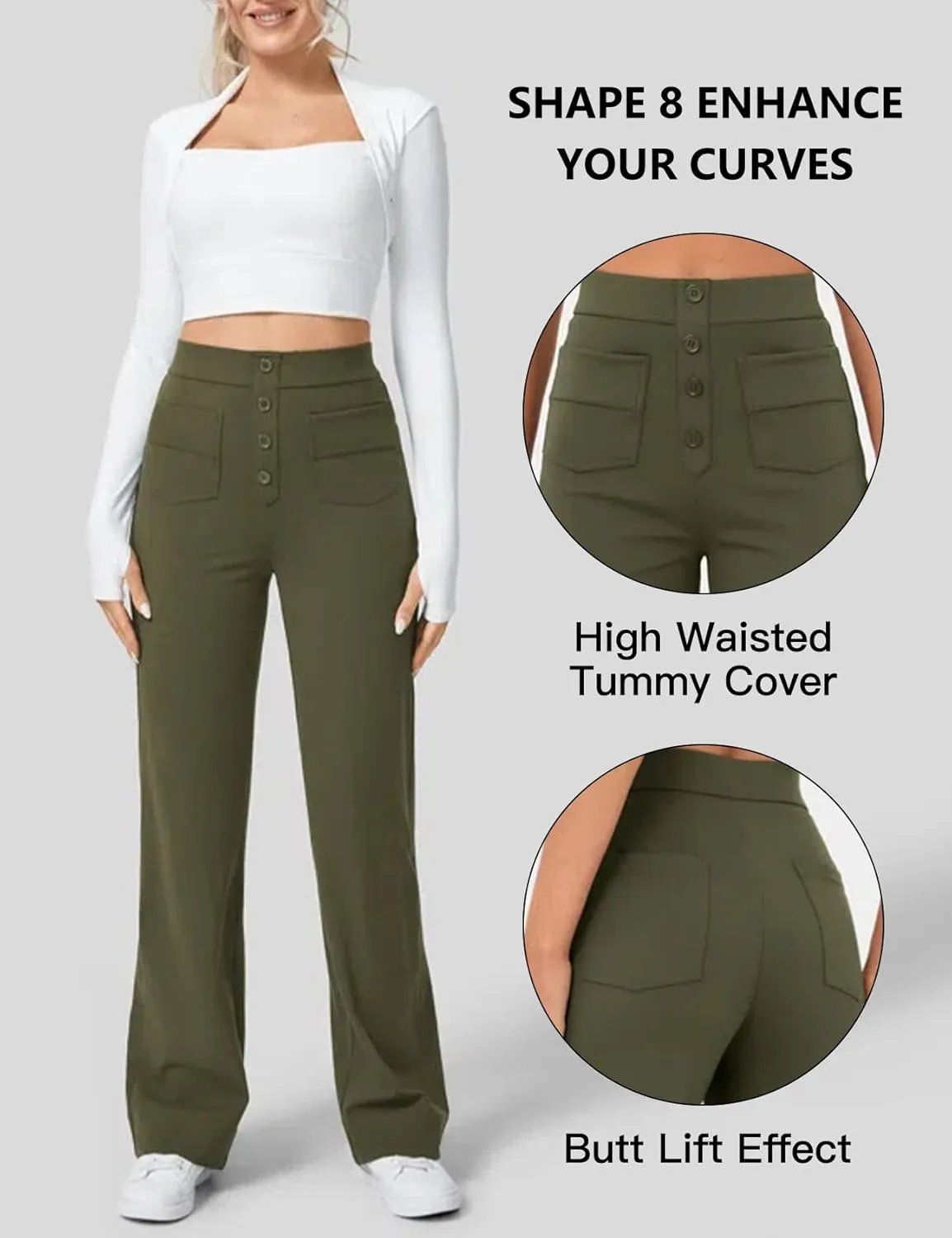 Flygo Womens High Waisted Multiple Pockets Straight Leg Flexipants Stretchy Work Trousers Button Down Casual Pants