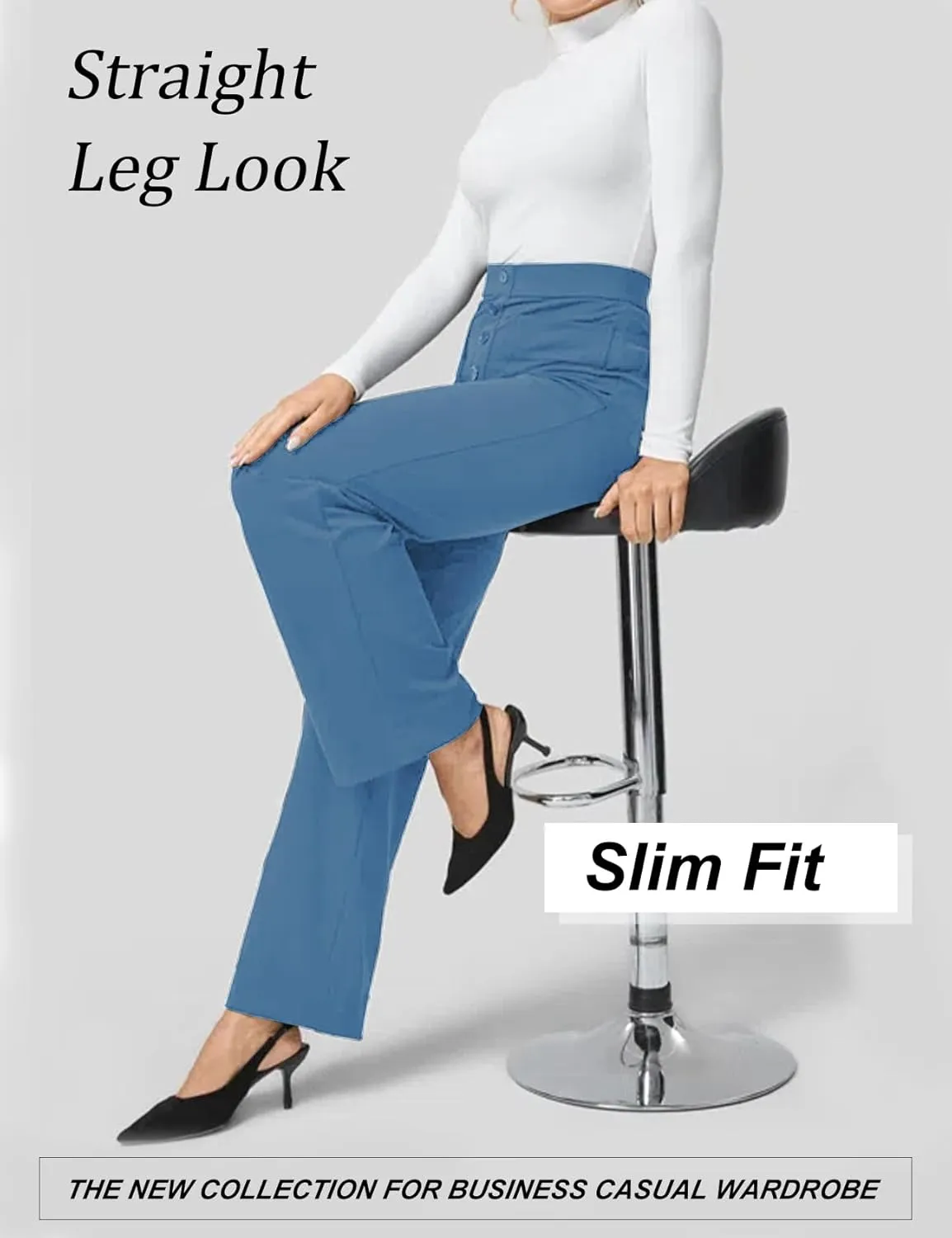 Flygo Womens High Waisted Multiple Pockets Straight Leg Flexipants Stretchy Work Trousers Button Down Casual Pants