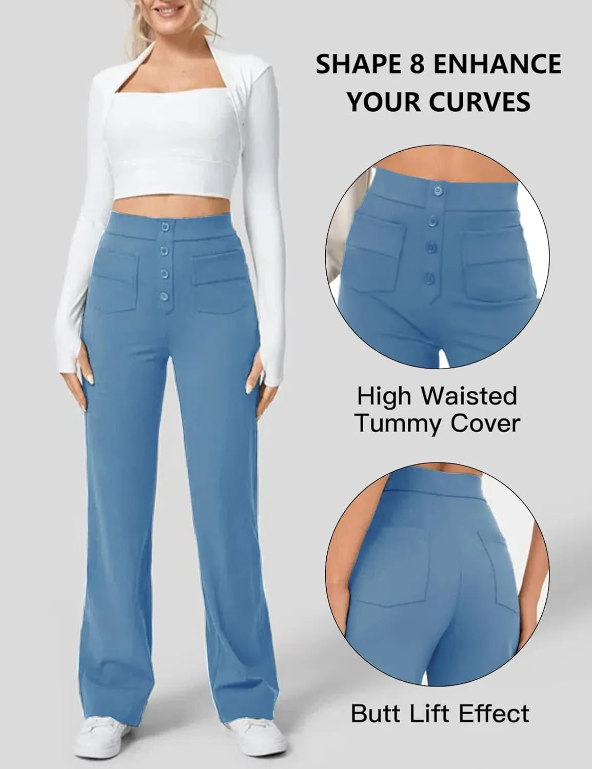 Flygo Womens High Waisted Multiple Pockets Straight Leg Flexipants Stretchy Work Trousers Button Down Casual Pants