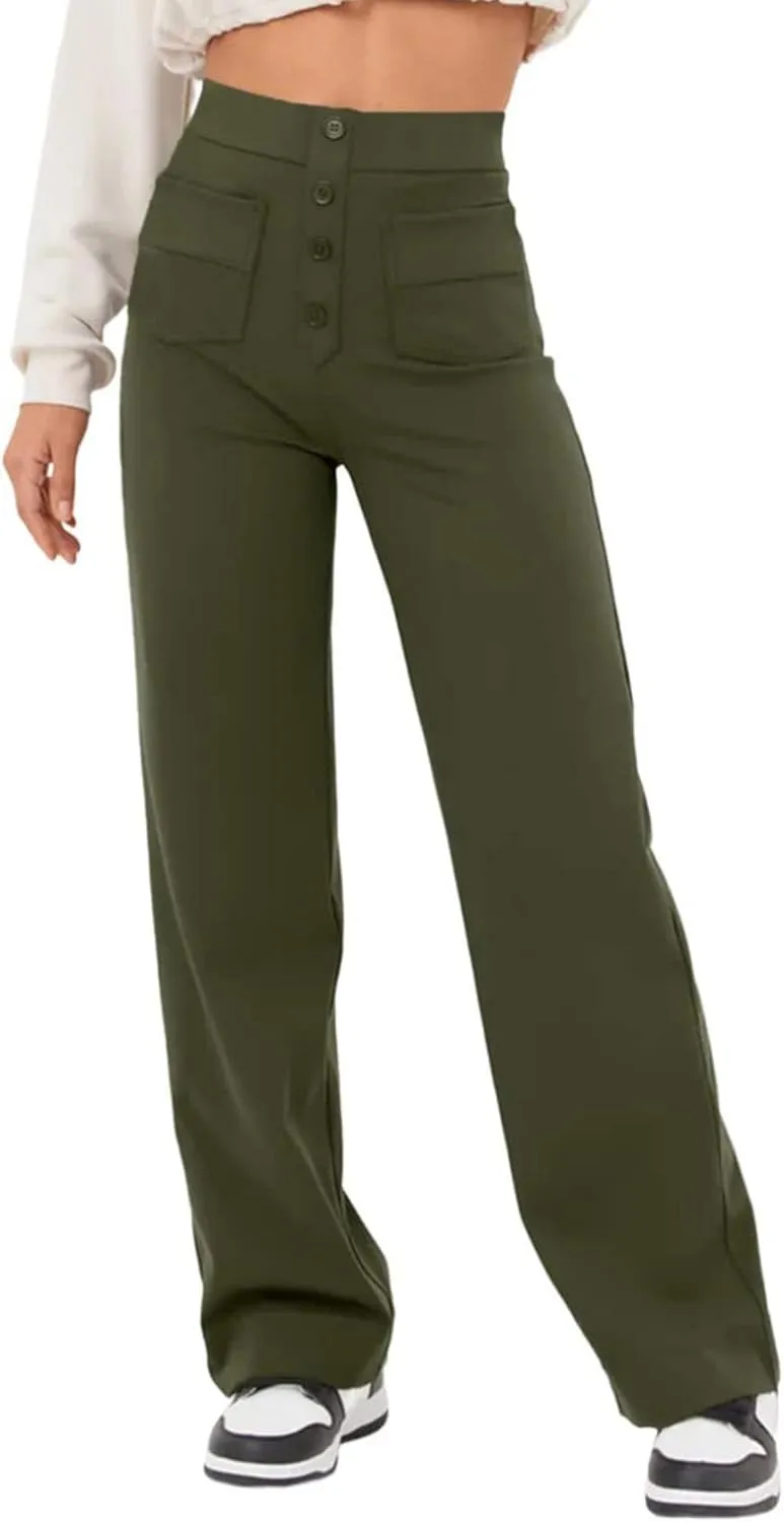 Flygo Womens High Waisted Multiple Pockets Straight Leg Flexipants Stretchy Work Trousers Button Down Casual Pants