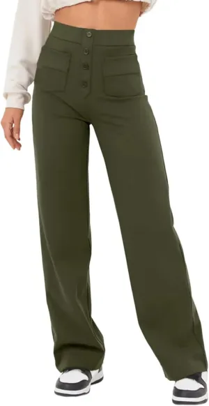 Flygo Womens High Waisted Multiple Pockets Straight Leg Flexipants Stretchy Work Trousers Button Down Casual Pants