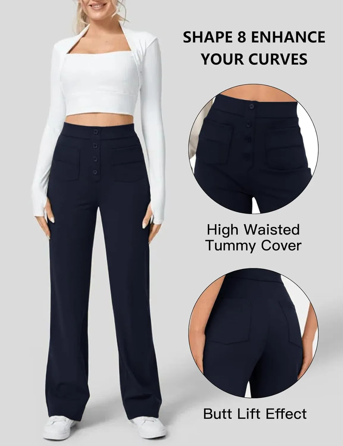 Flygo Womens High Waisted Multiple Pockets Straight Leg Flexipants Stretchy Work Trousers Button Down Casual Pants