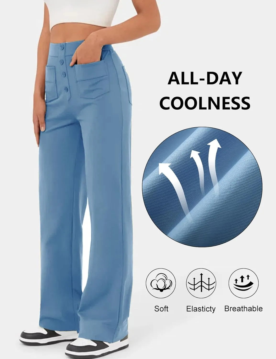 Flygo Womens High Waisted Multiple Pockets Straight Leg Flexipants Stretchy Work Trousers Button Down Casual Pants
