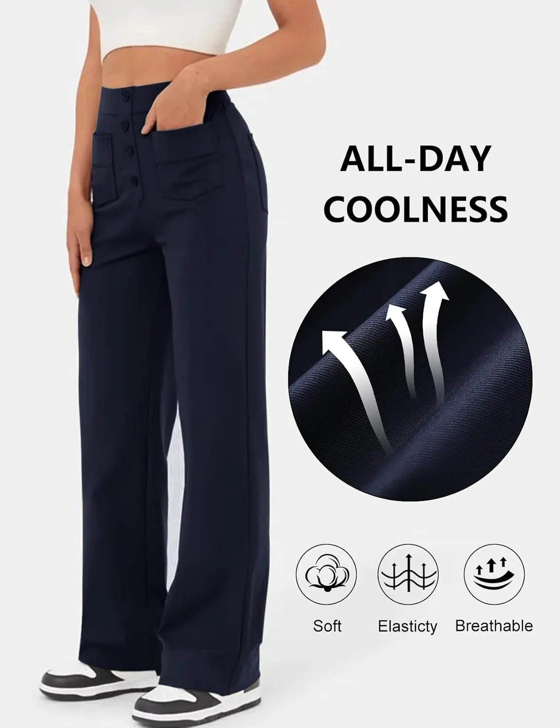 Flygo Womens High Waisted Multiple Pockets Straight Leg Flexipants Stretchy Work Trousers Button Down Casual Pants