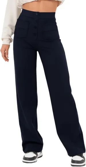 Flygo Womens High Waisted Multiple Pockets Straight Leg Flexipants Stretchy Work Trousers Button Down Casual Pants