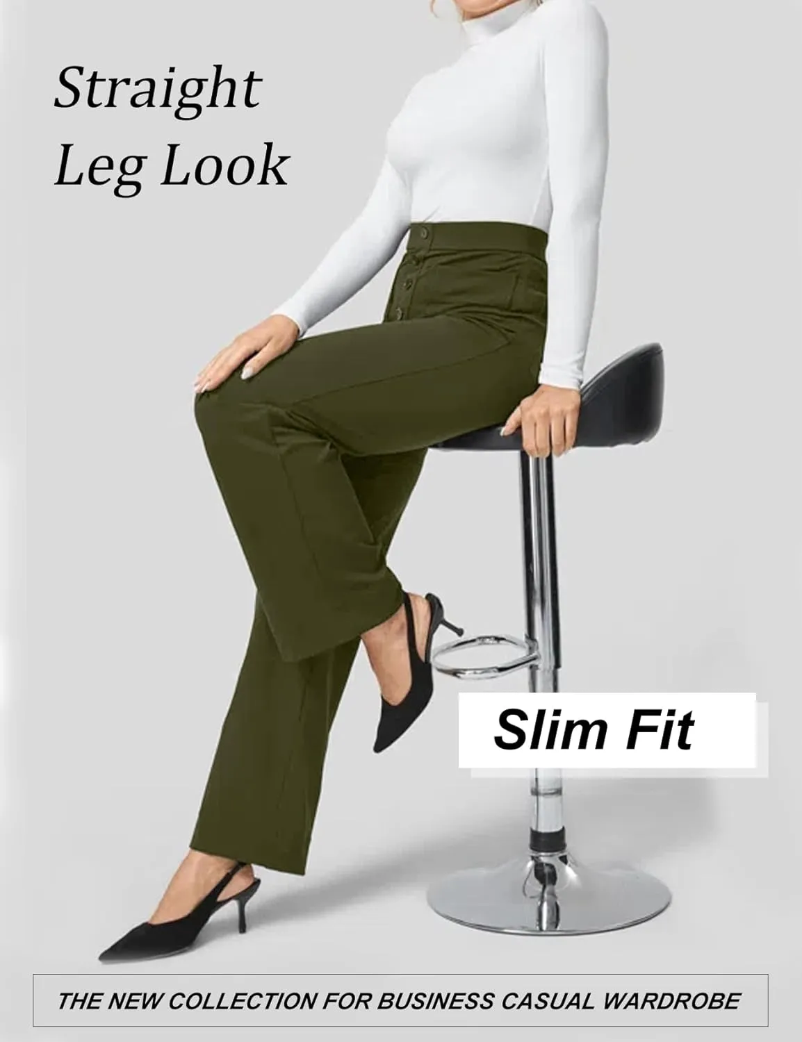 Flygo Womens High Waisted Multiple Pockets Straight Leg Flexipants Stretchy Work Trousers Button Down Casual Pants