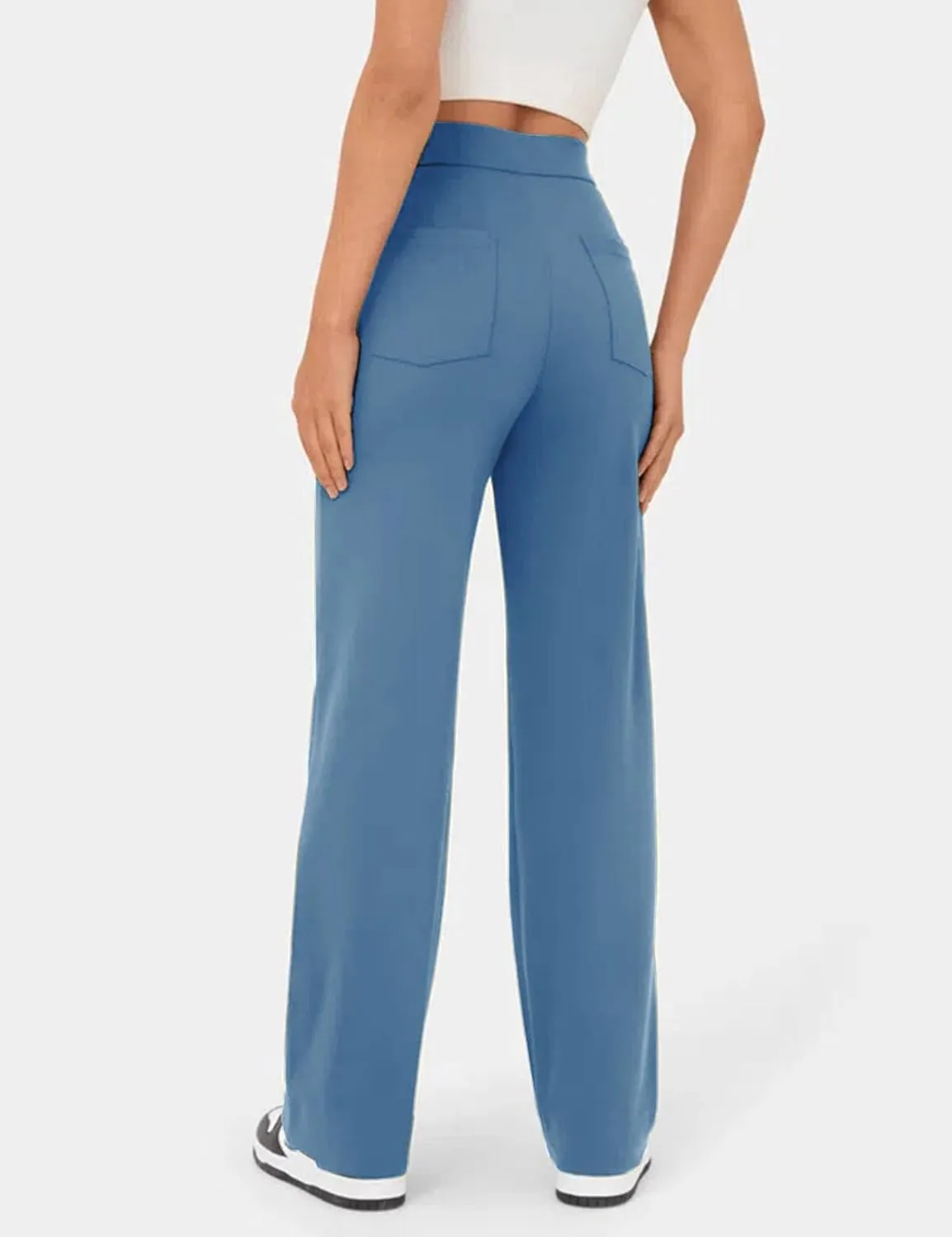 Flygo Womens High Waisted Multiple Pockets Straight Leg Flexipants Stretchy Work Trousers Button Down Casual Pants