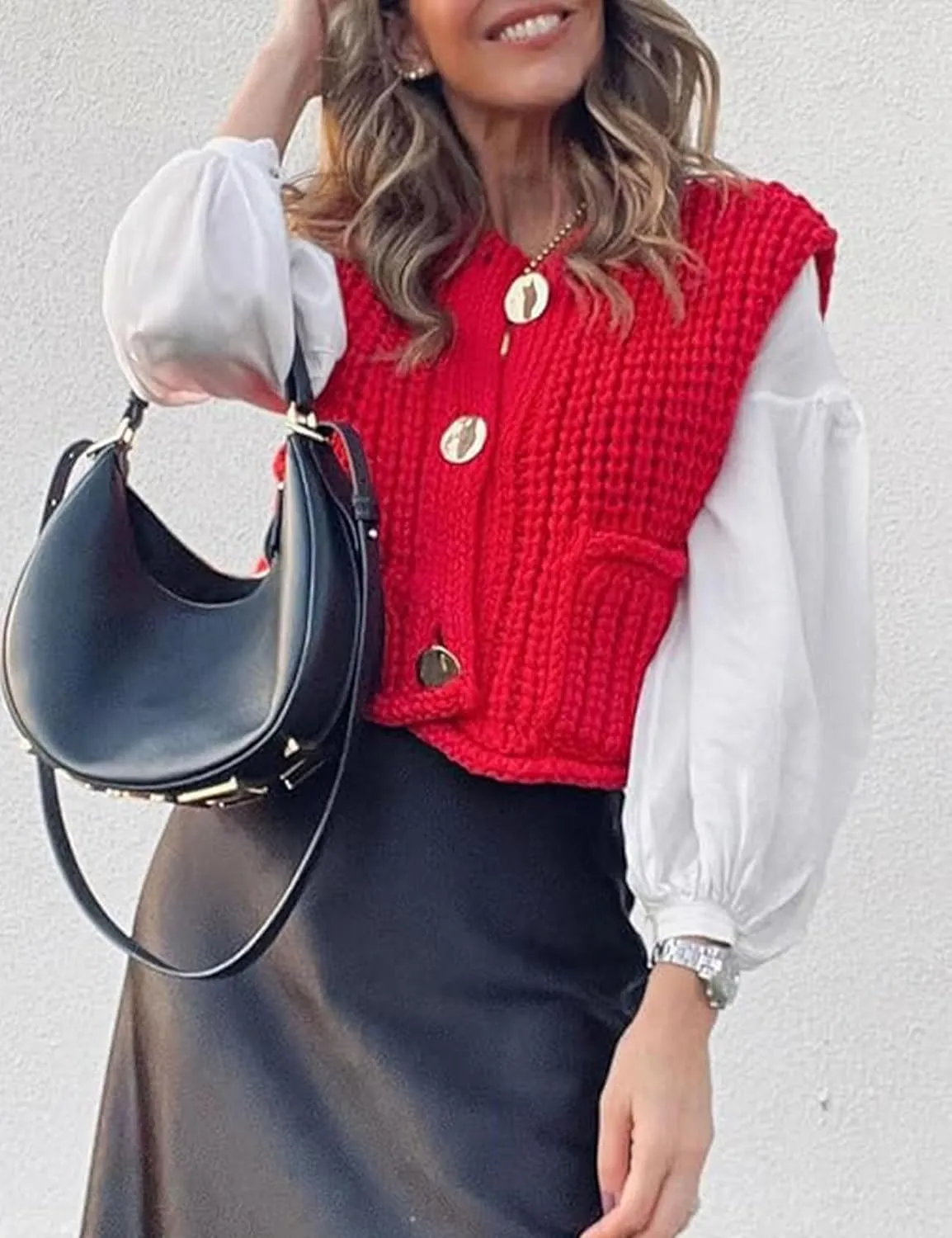 Flygo Womens Sleeveless Sweater Vest 2025 Spring Summer Crop Knit Top Chunky Crochet Button Cardigan Sweaters