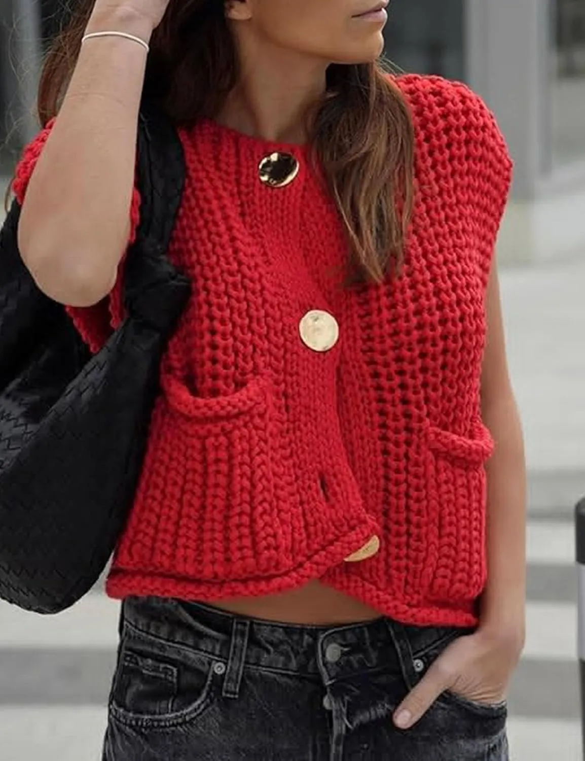 Flygo Womens Sleeveless Sweater Vest 2025 Spring Summer Crop Knit Top Chunky Crochet Button Cardigan Sweaters