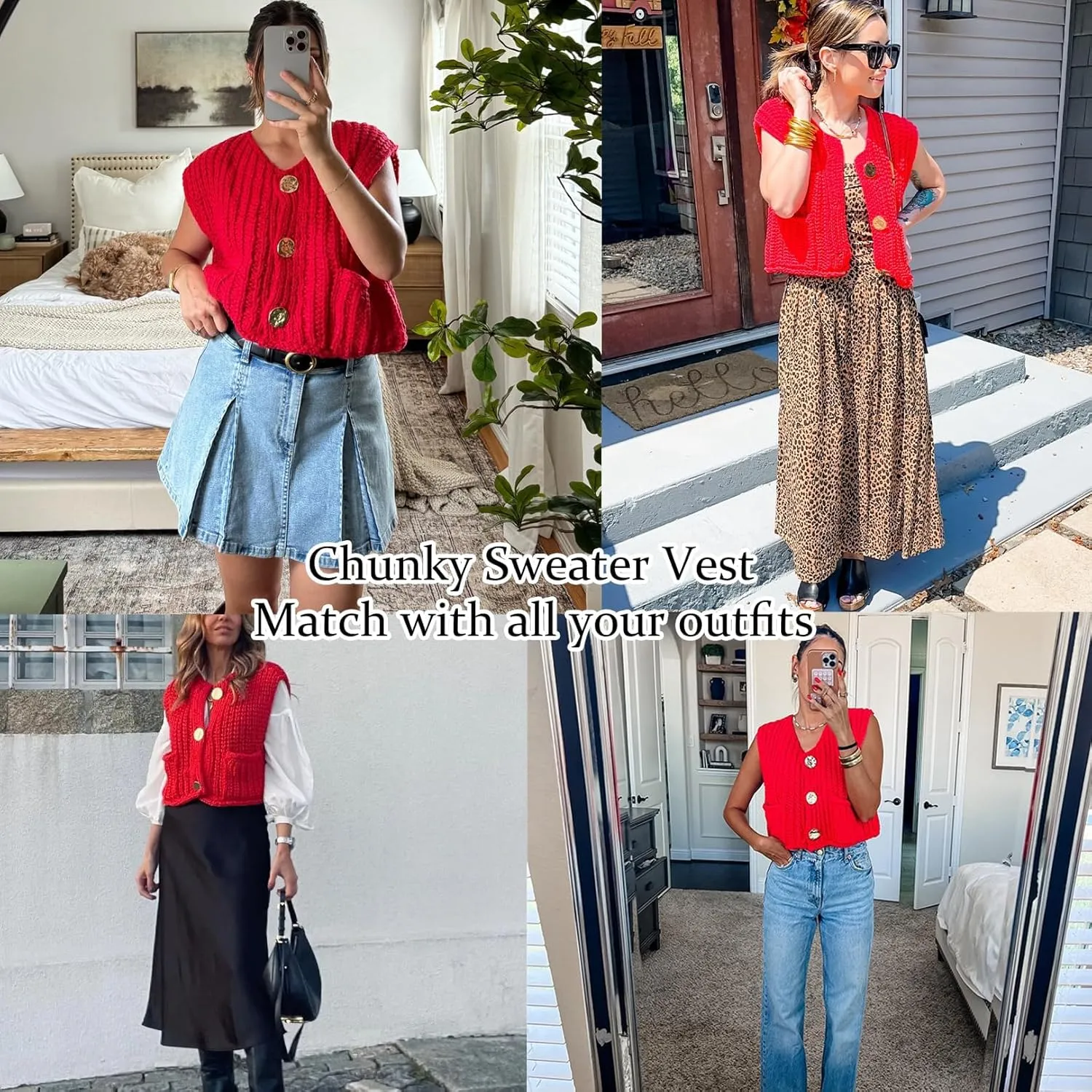 Flygo Womens Sleeveless Sweater Vest 2025 Spring Summer Crop Knit Top Chunky Crochet Button Cardigan Sweaters