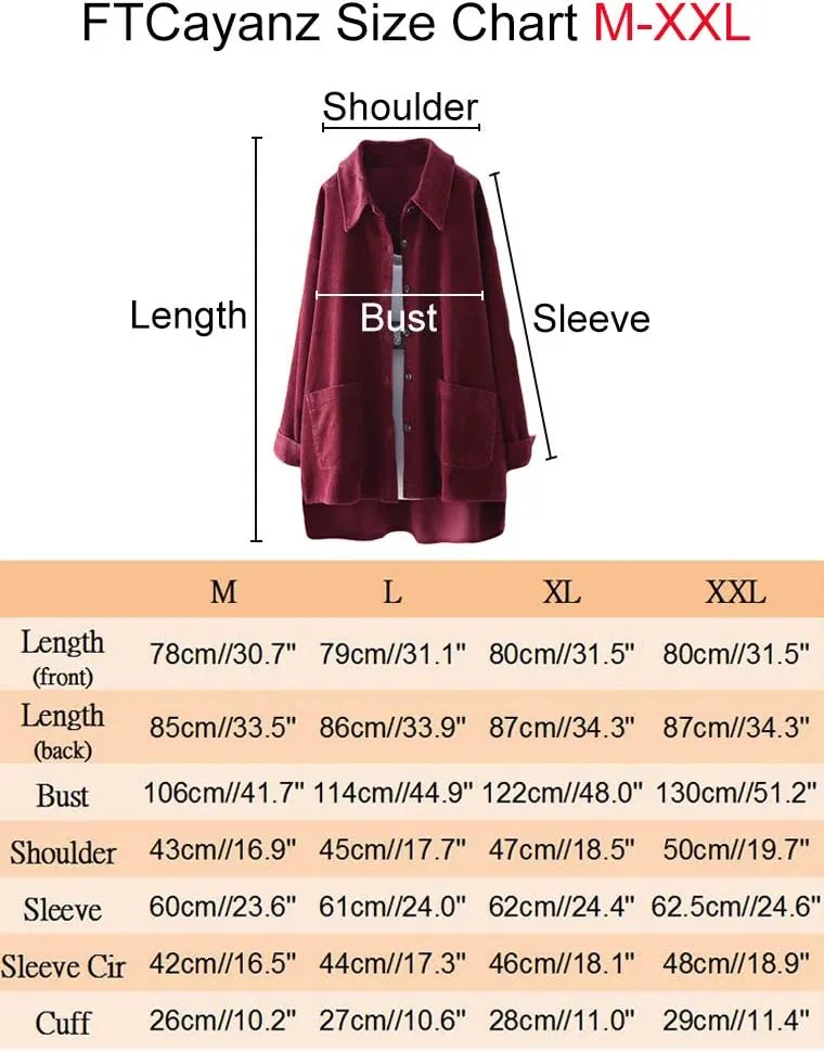 FTCayanz Women's Corduroy Shirt Jacket Casual Long Sleeve Coat Button Down Outerwear Tops