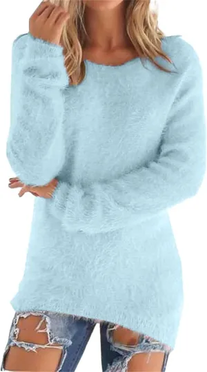 Fuzzy Sweater for Women Furry Crewneck Pullover Women Long Sleeve Jumper Sweaters Plain Sweatshirt Fall Cute Tops