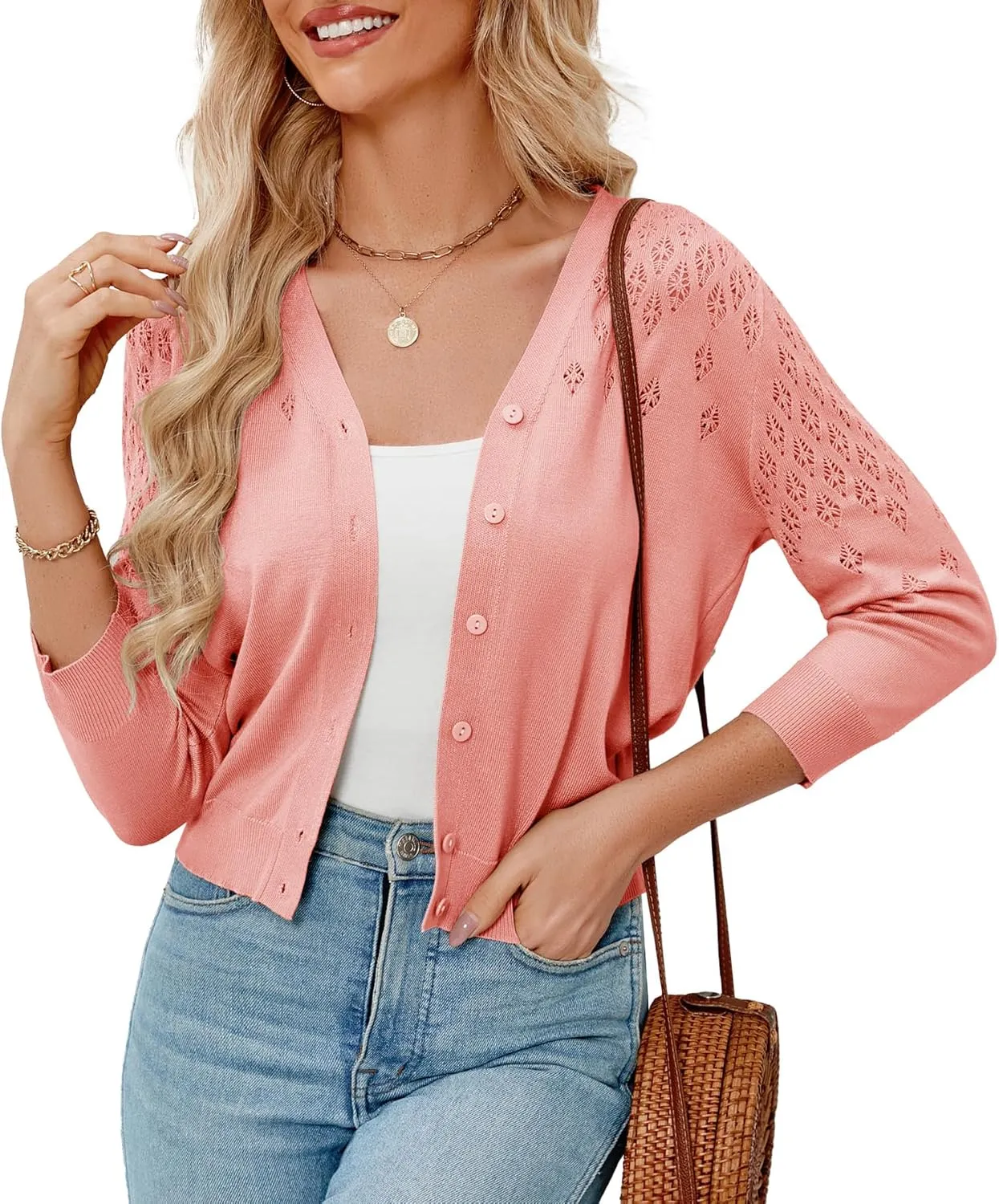 Genhoo Women's Cropped Cardigan 3/4 Sleeve Button Down Knit Bolero Shrug Open Front Lightweight Hollowed-Out Sweater Tops