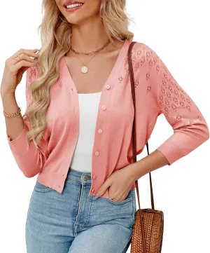 Genhoo Women's Cropped Cardigan 3/4 Sleeve Button Down Knit Bolero Shrug Open Front Lightweight Hollowed-Out Sweater Tops