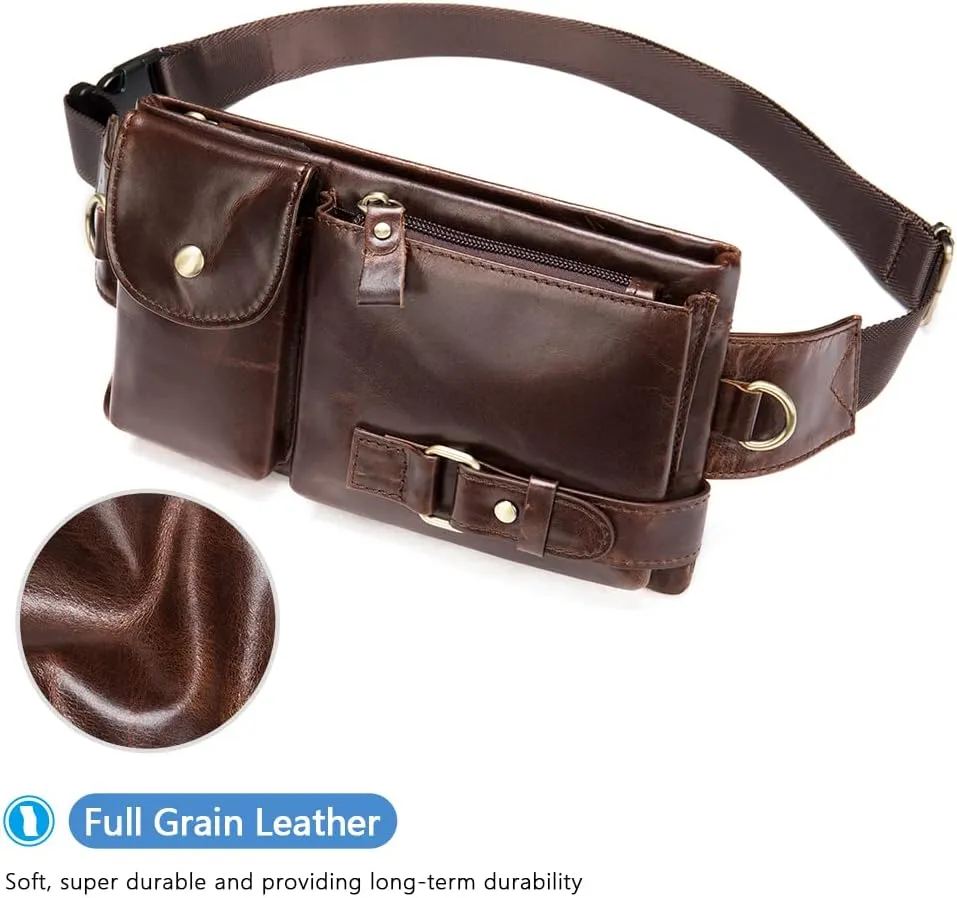 Genuine Leather Fanny Pack Slim with Adjustable Waistband Multiple Pockets Waist Pack for Men Women