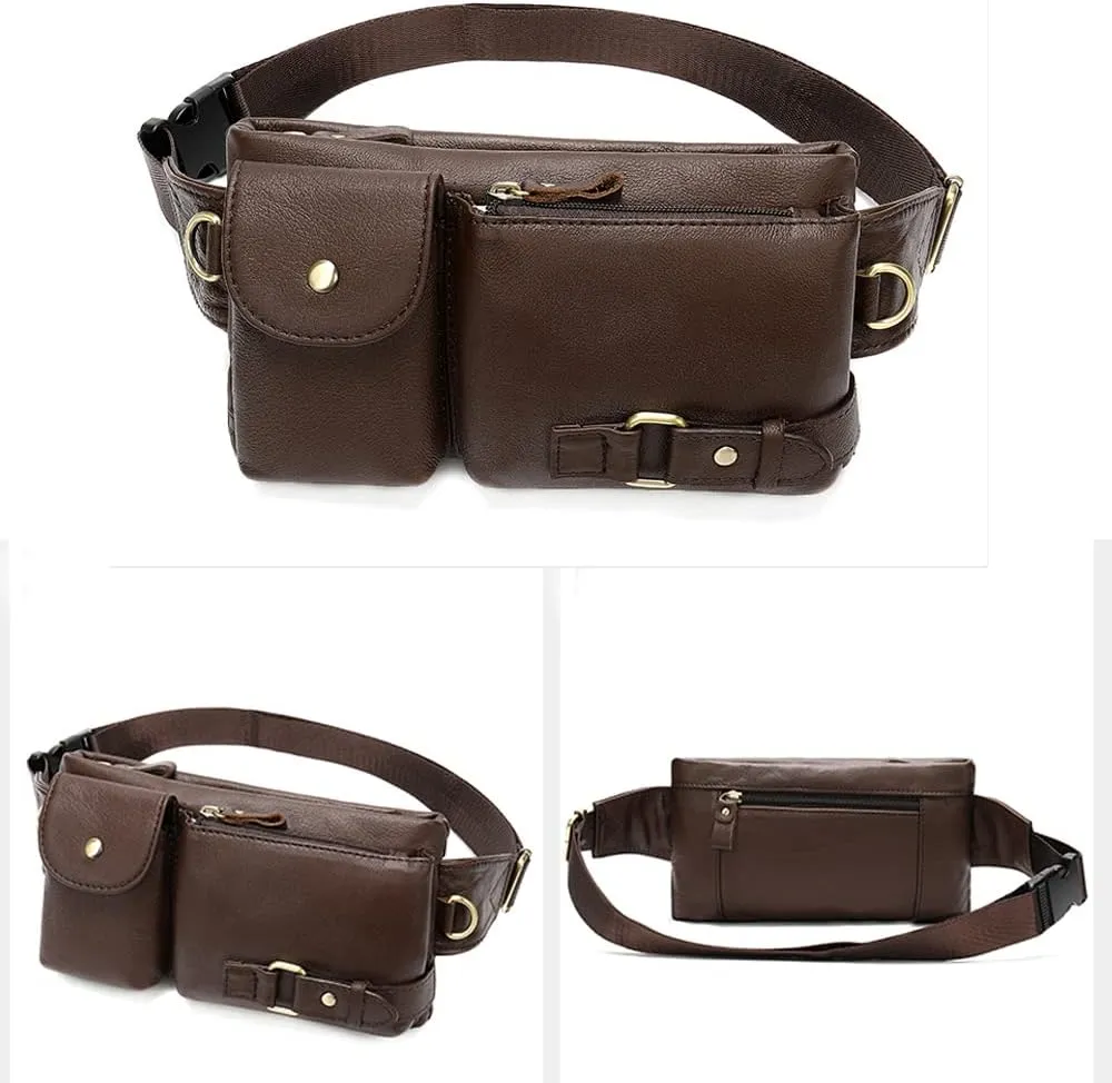 Genuine Leather Fanny Pack Slim with Adjustable Waistband Multiple Pockets Waist Pack for Men Women