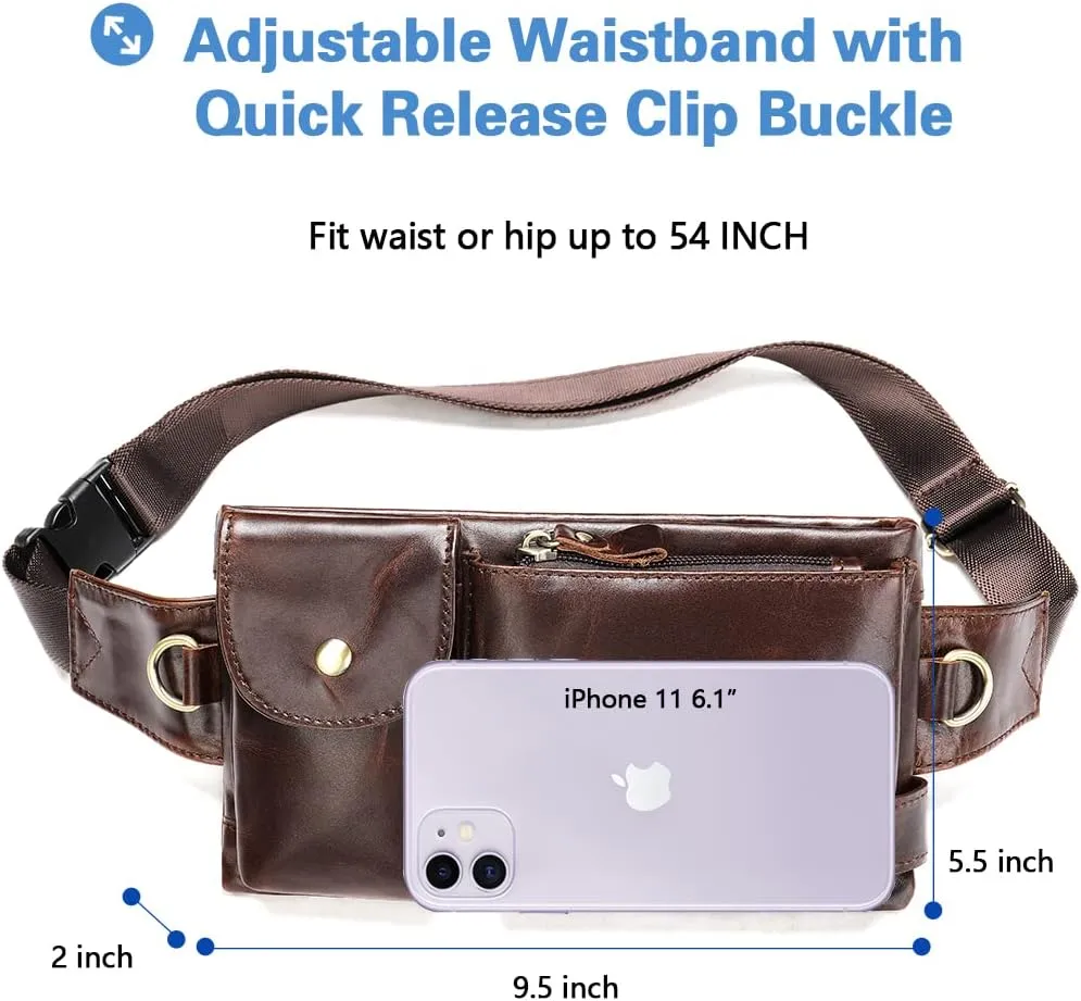 Genuine Leather Fanny Pack Slim with Adjustable Waistband Multiple Pockets Waist Pack for Men Women