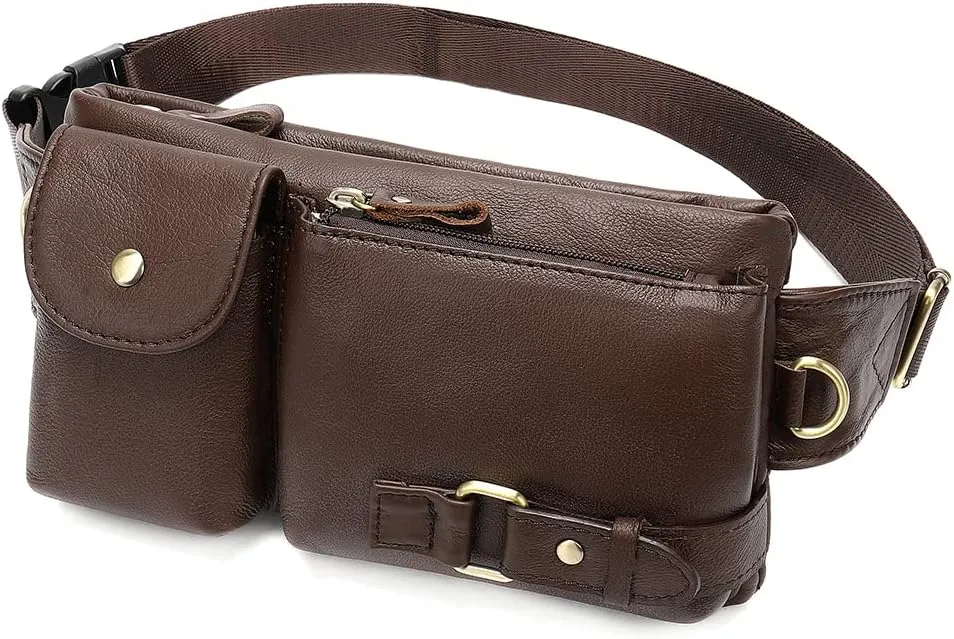 Genuine Leather Fanny Pack Slim with Adjustable Waistband Multiple Pockets Waist Pack for Men Women