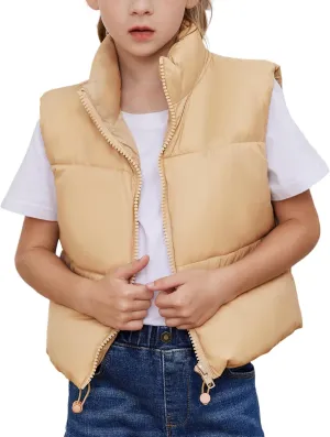 Gihuo Girls Winter Puffer Vest Lightweight Water-Resistant Quilted Vests Cropped Warm Kids Sleeveless Jacket Outerwear