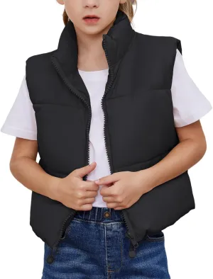Gihuo Girls Winter Puffer Vest Lightweight Water-Resistant Quilted Vests Cropped Warm Kids Sleeveless Jacket Outerwear