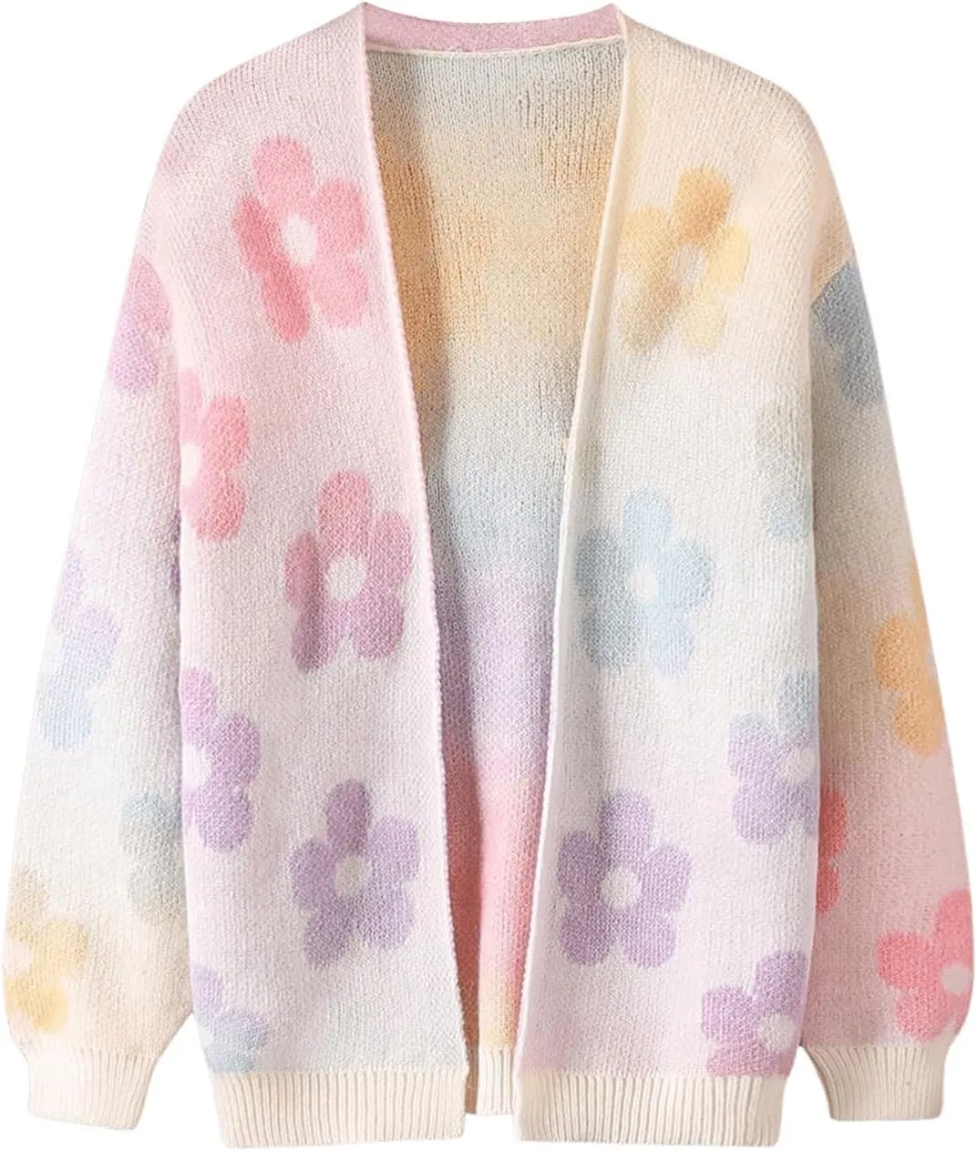 Girl's Floral Print Open Front Cardigan Long Sleeve Drop Shoulder Cute Sweaters