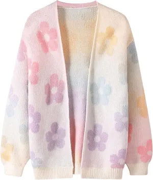 Girl's Floral Print Open Front Cardigan Long Sleeve Drop Shoulder Cute Sweaters