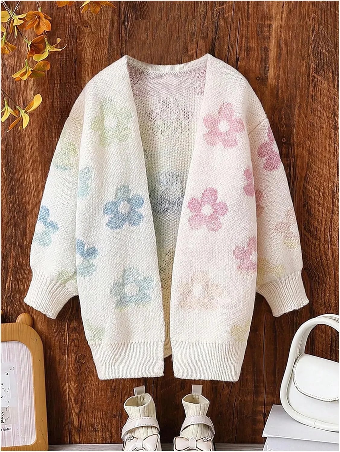 Girl's Floral Print Open Front Cardigan Long Sleeve Drop Shoulder Cute Sweaters