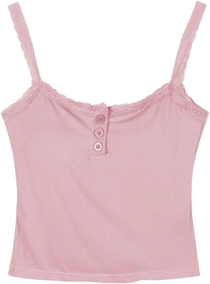 Girls Lace Trim Camisole Crop Top Sleeveless Built-in Bra Teen Bralette Slim Fit Cami Tops for Women Girls