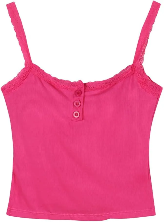 Girls Lace Trim Camisole Crop Top Sleeveless Built-in Bra Teen Bralette Slim Fit Cami Tops for Women Girls