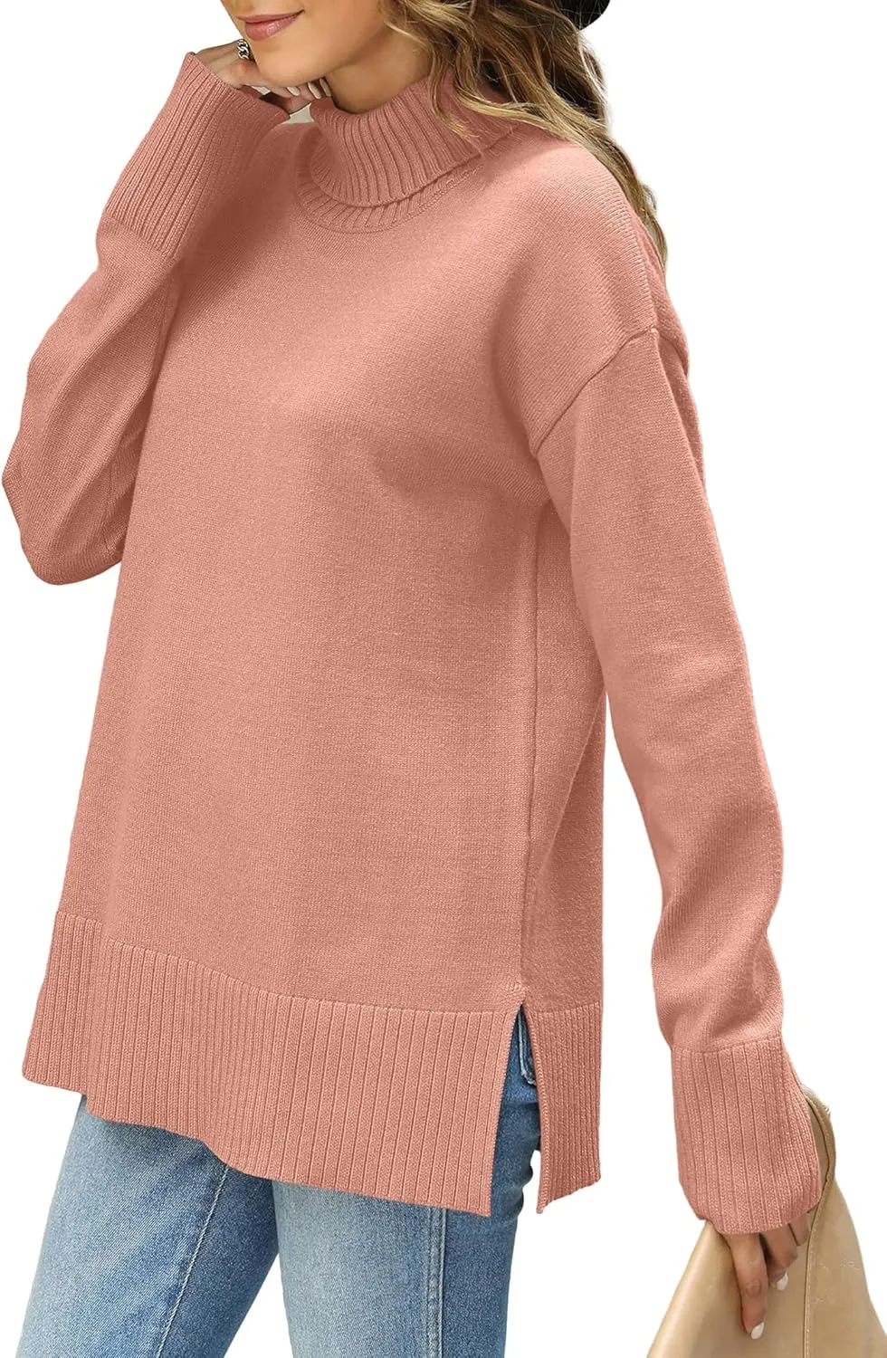Glanzition Sweaters for Women Turtleneck Side Split Oversized Pullover Tops