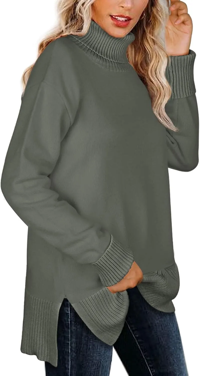 Glanzition Sweaters for Women Turtleneck Side Split Oversized Pullover Tops