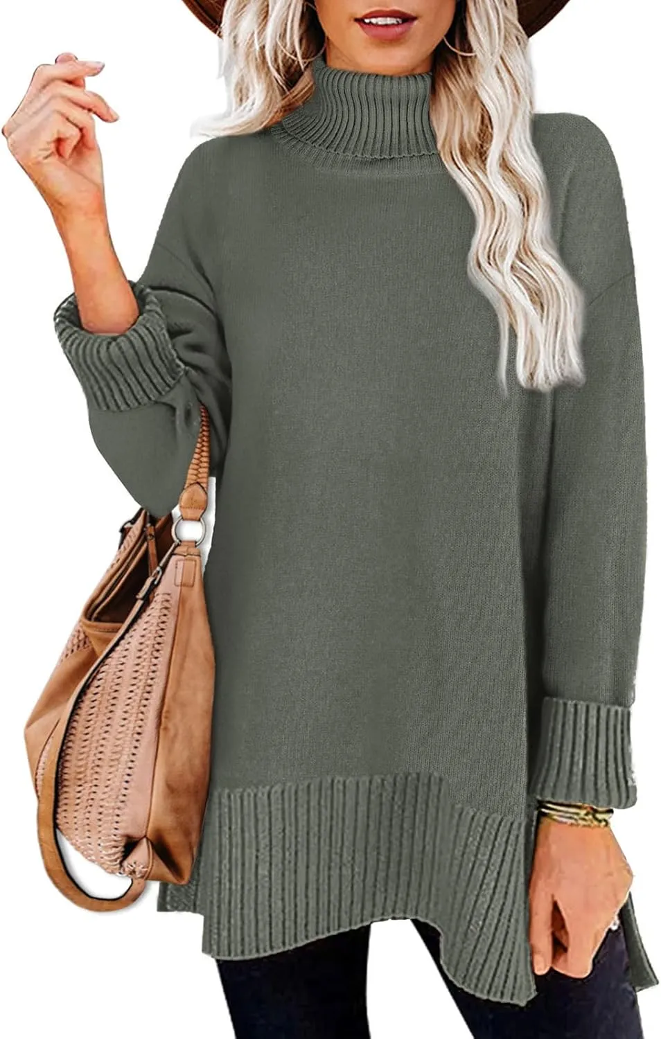 Glanzition Sweaters for Women Turtleneck Side Split Oversized Pullover Tops
