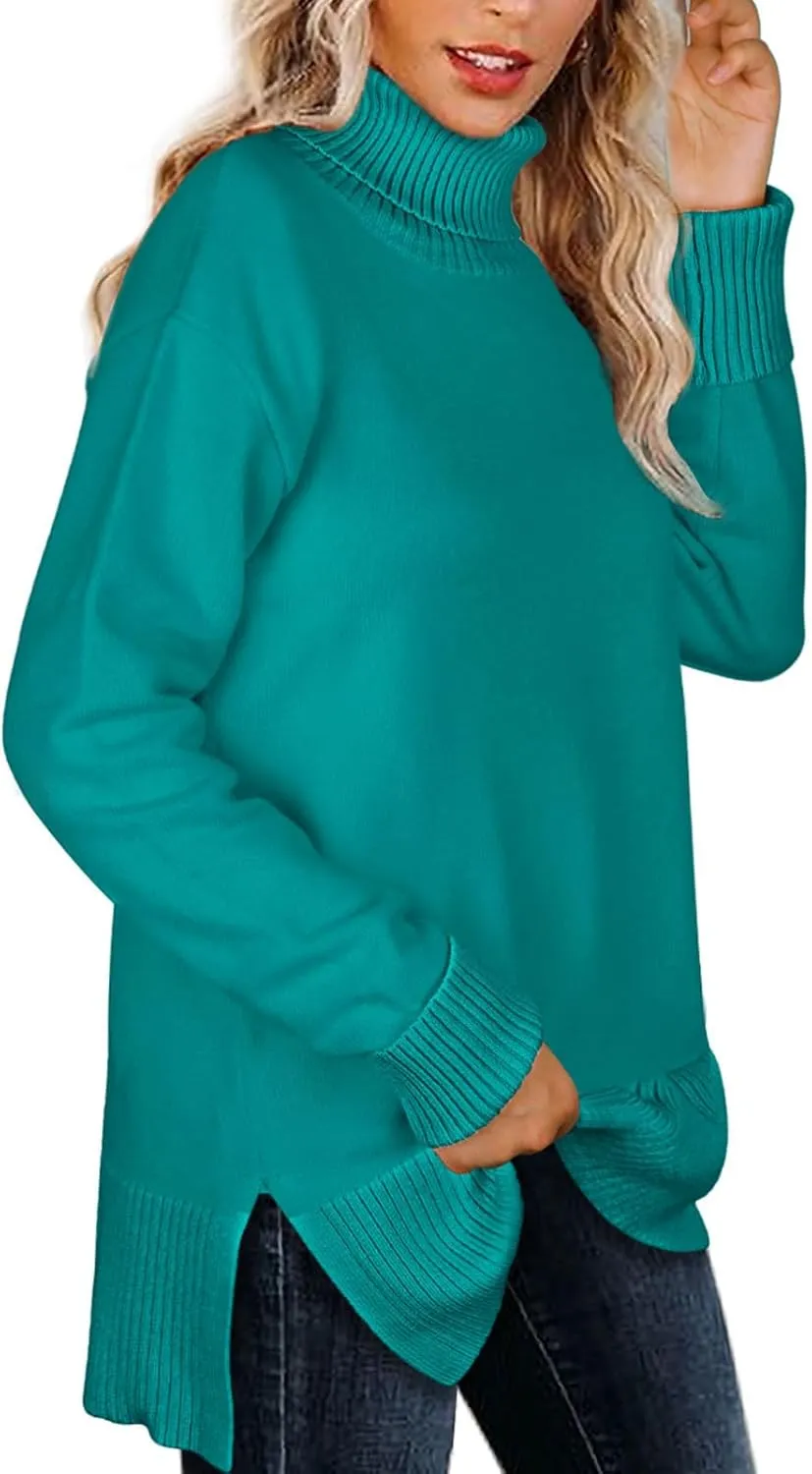 Glanzition Sweaters for Women Turtleneck Side Split Oversized Pullover Tops