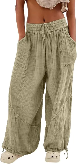 GOKKILRW Women's Boho Harem Pants High Waist Wide Leg Lounge Pants with Pockets Casual Loose Bohemian Hippie Utility Pants