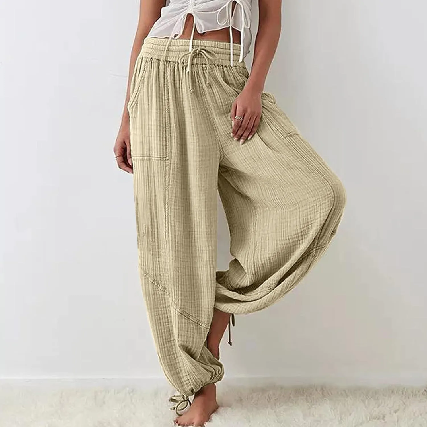 GOKKILRW Women's Boho Harem Pants High Waist Wide Leg Lounge Pants with Pockets Casual Loose Bohemian Hippie Utility Pants