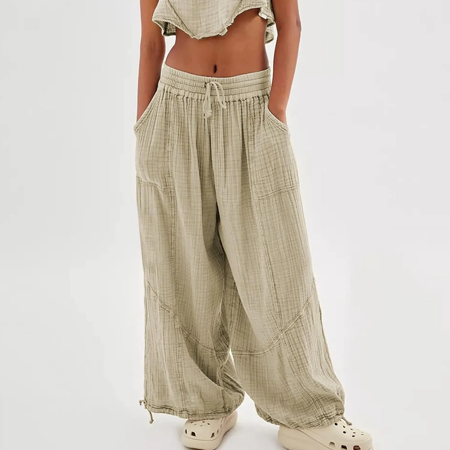 GOKKILRW Women's Boho Harem Pants High Waist Wide Leg Lounge Pants with Pockets Casual Loose Bohemian Hippie Utility Pants