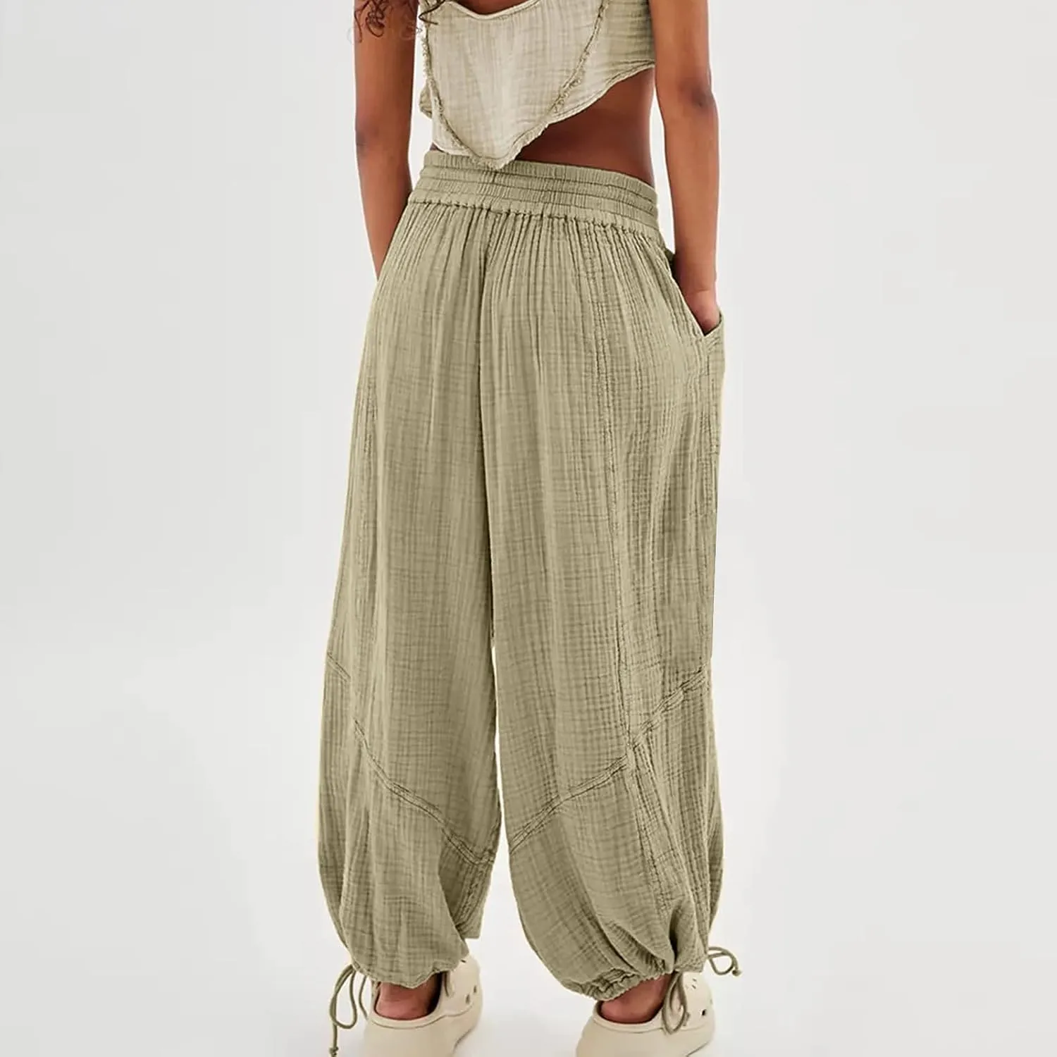 GOKKILRW Women's Boho Harem Pants High Waist Wide Leg Lounge Pants with Pockets Casual Loose Bohemian Hippie Utility Pants
