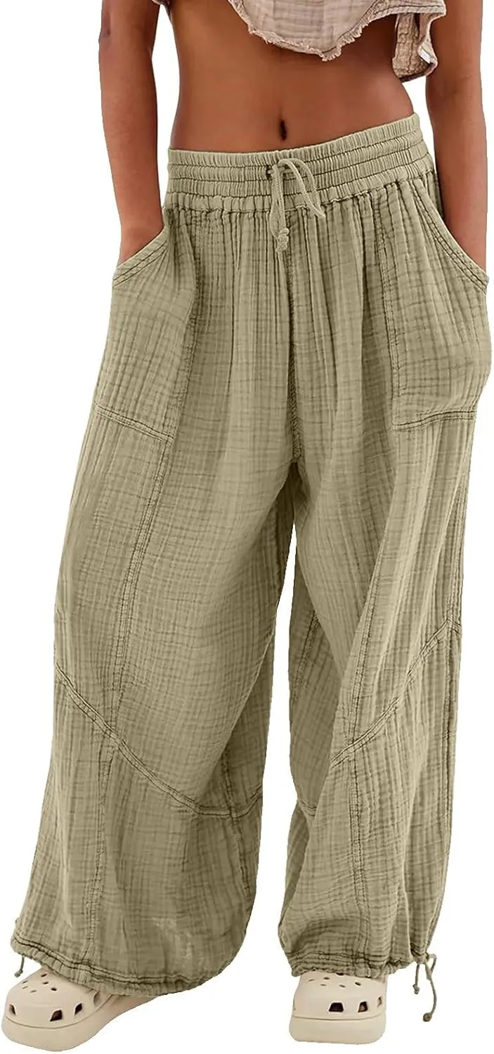 GOKKILRW Women's Boho Harem Pants High Waist Wide Leg Lounge Pants with Pockets Casual Loose Bohemian Hippie Utility Pants