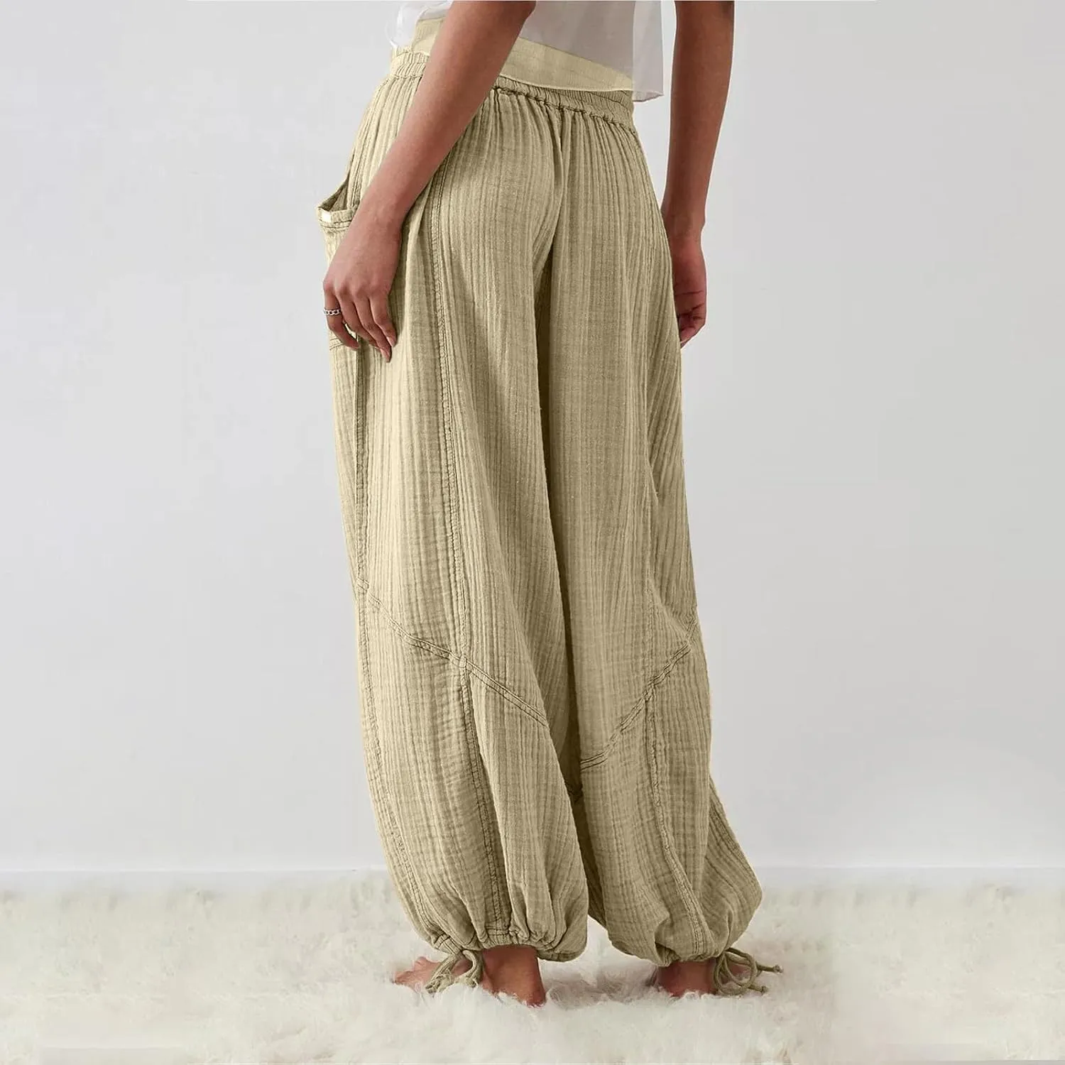 GOKKILRW Women's Boho Harem Pants High Waist Wide Leg Lounge Pants with Pockets Casual Loose Bohemian Hippie Utility Pants