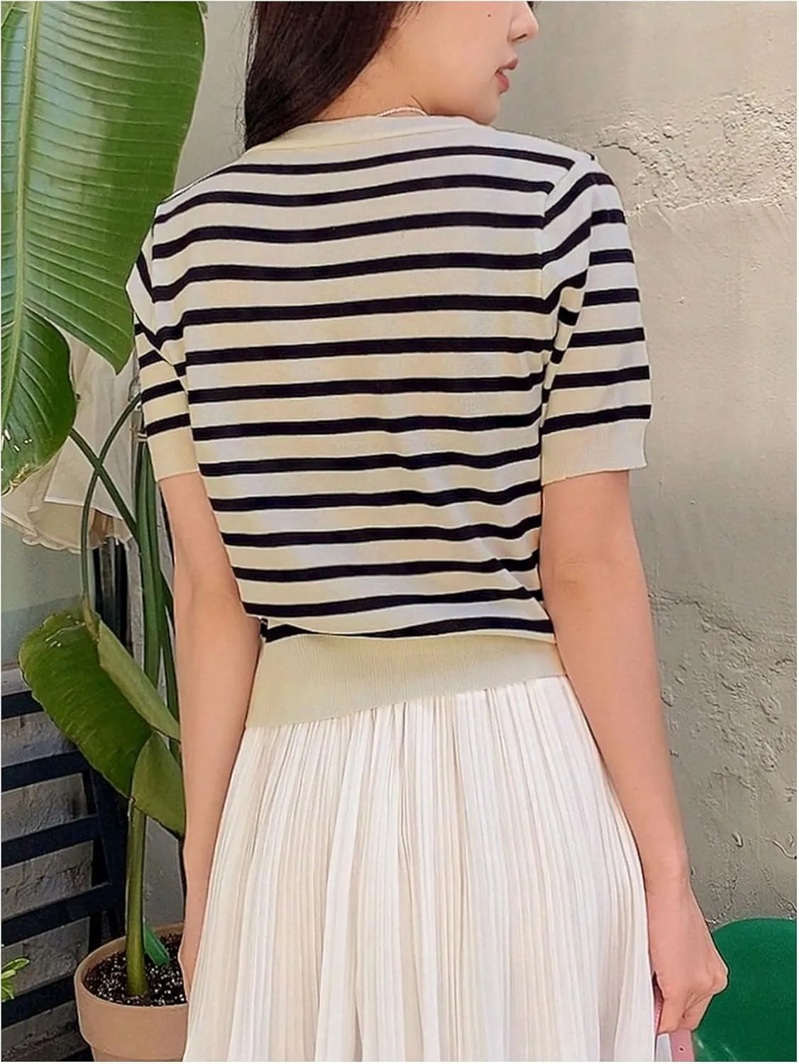 GORGLITTER Women's Striped Short Sleeve Cardigan V Neck Open Front Button Down Sweaters